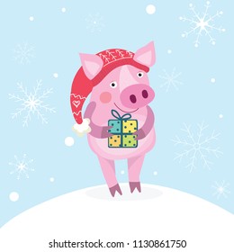 Happy new year 2019! Template design for greeting card with Funny pig, vector