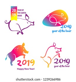 Happy new year 2019. Template badge, sign, insignia chinese earth boar. Silhouette freehand drawn gradient color pig isolated on white background. 