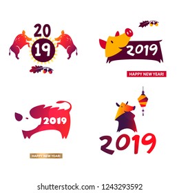 Happy new year 2019. Template badge, sign, insignia chinese paper style boar. Silhouette color pig isolated on white background. 