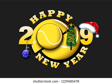 Happy new year 2019 and tennis ball with Christmas tree, hat and tennis racket. Creative design pattern for greeting card, banner, poster, flyer, party invitation, calendar. Vector illustration