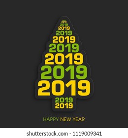 Happy new year 2019 Text Design vector with Christmas tree.