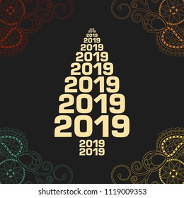 Happy new year 2019 Text Design vector with Christmas tree.