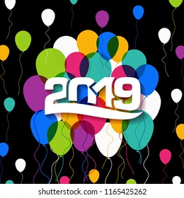 Happy new year 2019 Text Design vector with balloons.