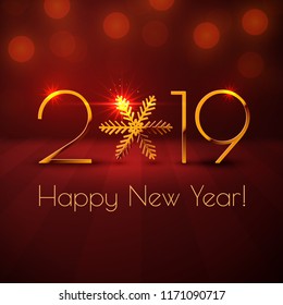 Happy New Year 2019 text design. Vector greeting illustration with golden numbers and snowflake