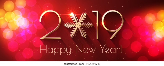 Happy New Year 2019 text design. Vector greeting illustration with golden numbers and snowflake