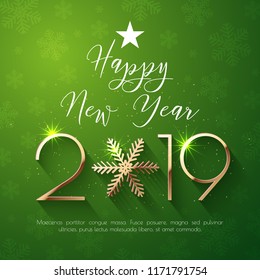 Happy New Year 2019 text design. Vector greeting illustration with golden numbers and snowflake