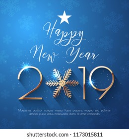 Happy New Year 2019 text design. Vector greeting illustration with golden numbers and snowflake
