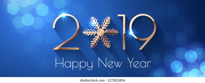 Happy New Year 2019 text design. Vector greeting illustration with golden numbers and snowflake