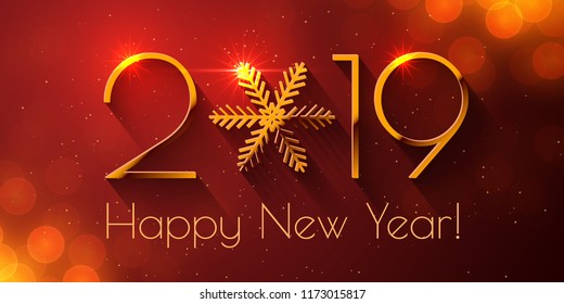 Happy New Year 2019 text design. Vector greeting illustration with golden numbers and snowflake