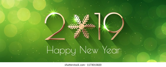 Happy New Year 2019 text design. Vector greeting illustration with golden numbers and snowflake