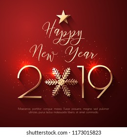 Happy New Year 2019 text design. Vector greeting illustration with golden numbers and snowflake