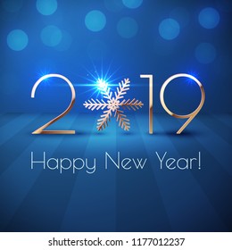 Happy New Year 2019 text design. Vector greeting illustration with golden numbers and snowflake