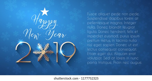 Happy New Year 2019 text design. Vector greeting illustration with golden numbers and snowflake