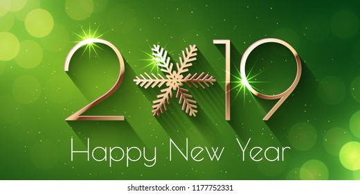 Happy New Year 2019 text design. Vector greeting illustration with golden numbers and snowflake