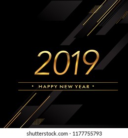 Happy New Year 2019 text design gold colored isolated on black background, vector elements for calendar and greeting card.