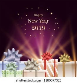 Happy New Year 2019 text with gift boxes glow illustration background