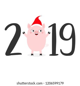 Happy New Year 2019 text. Cute baby pig in santa hat. Pink piggy piglet. Chinise symbol. Cartoon funny kawaii smiling character. Flat design. White background. Isolated. Vector illustration
