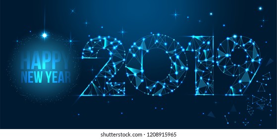 Happy new year 2019 text design vector. Geometric polygonal 2019 new year greeting card. Low polygon.