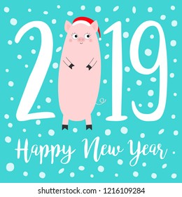 Happy New Year 2019 text. Cute fat pig. Santa hat. Pink piggy piglet. Snow flake. Chinise symbol. Cartoon funny kawaii smiling baby character. Flat design. Isolated Blue background Vector illustration