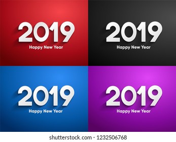 Happy New Year 2019 Text Design with different color background - black, red, blue and purple - Vector illustration. 
