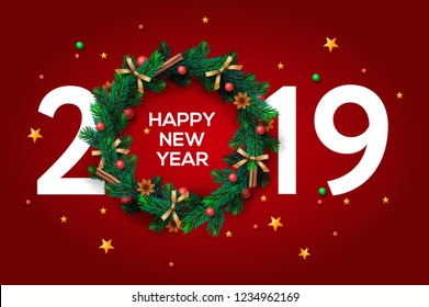 Happy New Year 2019 text design. Vector greeting illustration with and Christmas wreath on red background.