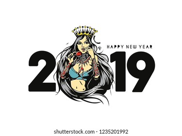 Happy New Year 2019 Text with Queen with a glass of wine, Vector illustration.