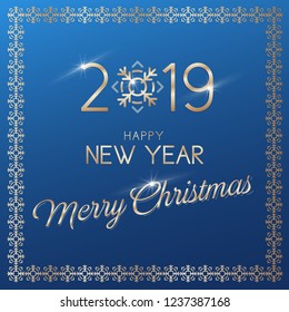 Happy New Year 2019 text design. Vector greeting illustration with golden numbers and snowflake
