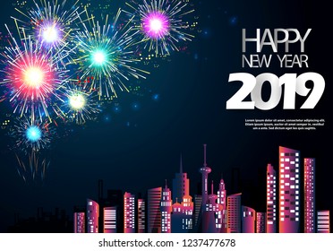 Happy new year  2019  text- Fireworks Colorful  - Building in the city- background Vector illustration.