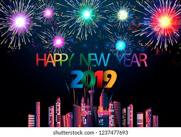 Happy new year  2019  text- Fireworks Colorful  - Building in the city- background Vector illustration.