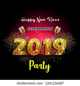 happy new year 2019 text in glitter party card 