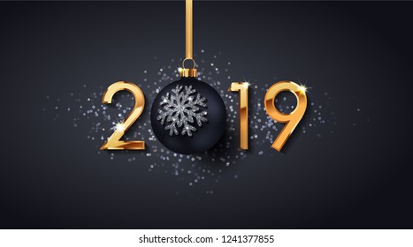 Happy New Year 2019 text design. Vector greeting illustration with golden numbers