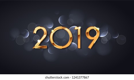 Happy New Year 2019 text design. Vector greeting illustration with golden numbers