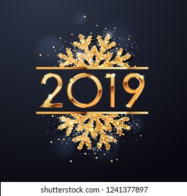 Happy New Year 2019 text design. Vector greeting illustration with golden numbers