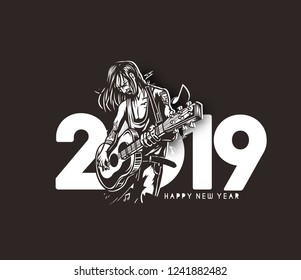 Happy New Year 2019 Text with women guitarists playing guitar Design, Vector illustration.
