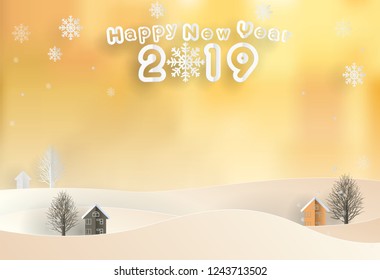 Happy New Year 2019 Text on Home and Tree in white snow in paper cut style