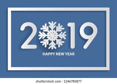 Happy new year 2019 text design with snowflake. Paper art style. Vector illustration.