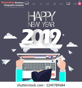 Happy new year  2019  text - Hand  Business man, Laptop,Contact communicate, Network Technology,Cloud, Paper  rocket fold,icon.