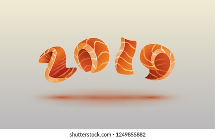 Happy New Year 2019 text design. Salmon style numbers for sushi calendar background.