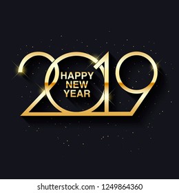 Happy New Year 2019 text design. Vector greeting illustration with golden numbers.