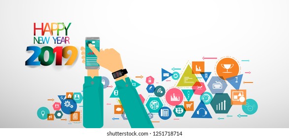 Happy new year  2019  text -  Businessman Hand - Cellphone, Polygon, Geometry, Colorful, icon - Creative background.