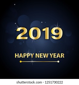 Happy New Year 2019 text design. Vector greeting illustration with golden numbers and snowflakes on a dark blue background.