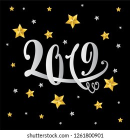 Happy new year 2019 text design with Christmas stars.