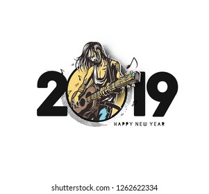 Happy New Year 2019 Text with women guitarists playing guitar Design, Vector illustration.