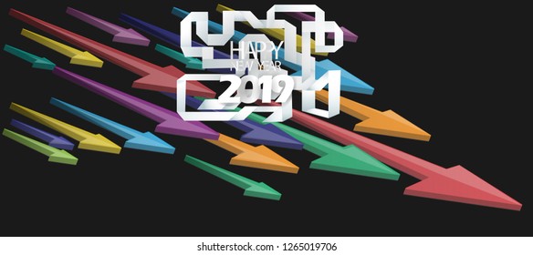 Happy new year  2019  text - Paper fold - Creative background, arrow Colorful.