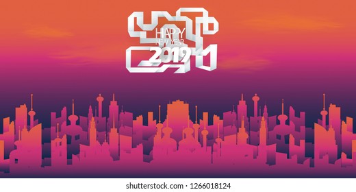  Happy new year  2019  text - Paper fold - Building in the city Pink,Orange -  modern design Idea and Concept  - Creative background.