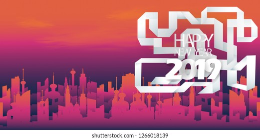  Happy new year  2019  text - Paper fold - Building in the city Pink,Orange -  modern design Idea and Concept  - Creative background.