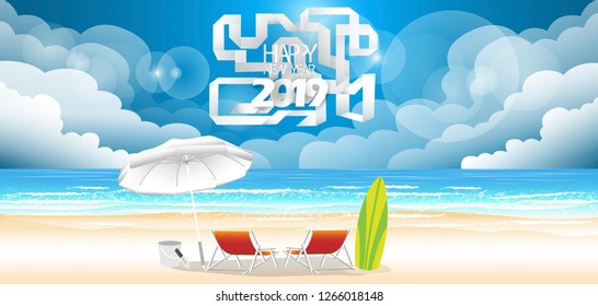  Happy new year  2019  text - Paper fold -  Summer beach sunshine breeze   with Background, Sea, blue, sand, beach, chair, umbrella,surfboard.