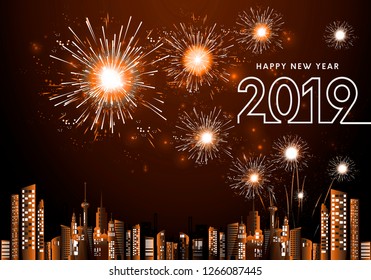Feliz año nuevo 2019 texto- Fireworks Golden - Edificio en la ilustración vectorial de la ciudad.