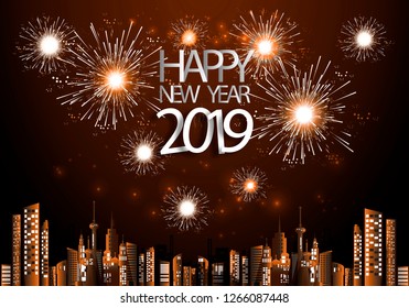 Happy new year  2019 text- Fireworks Golden - Building in the city- background Vector illustration.