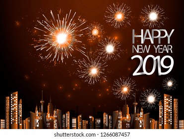 Happy new year  2019 text- Fireworks Golden - Building in the city- background Vector illustration.